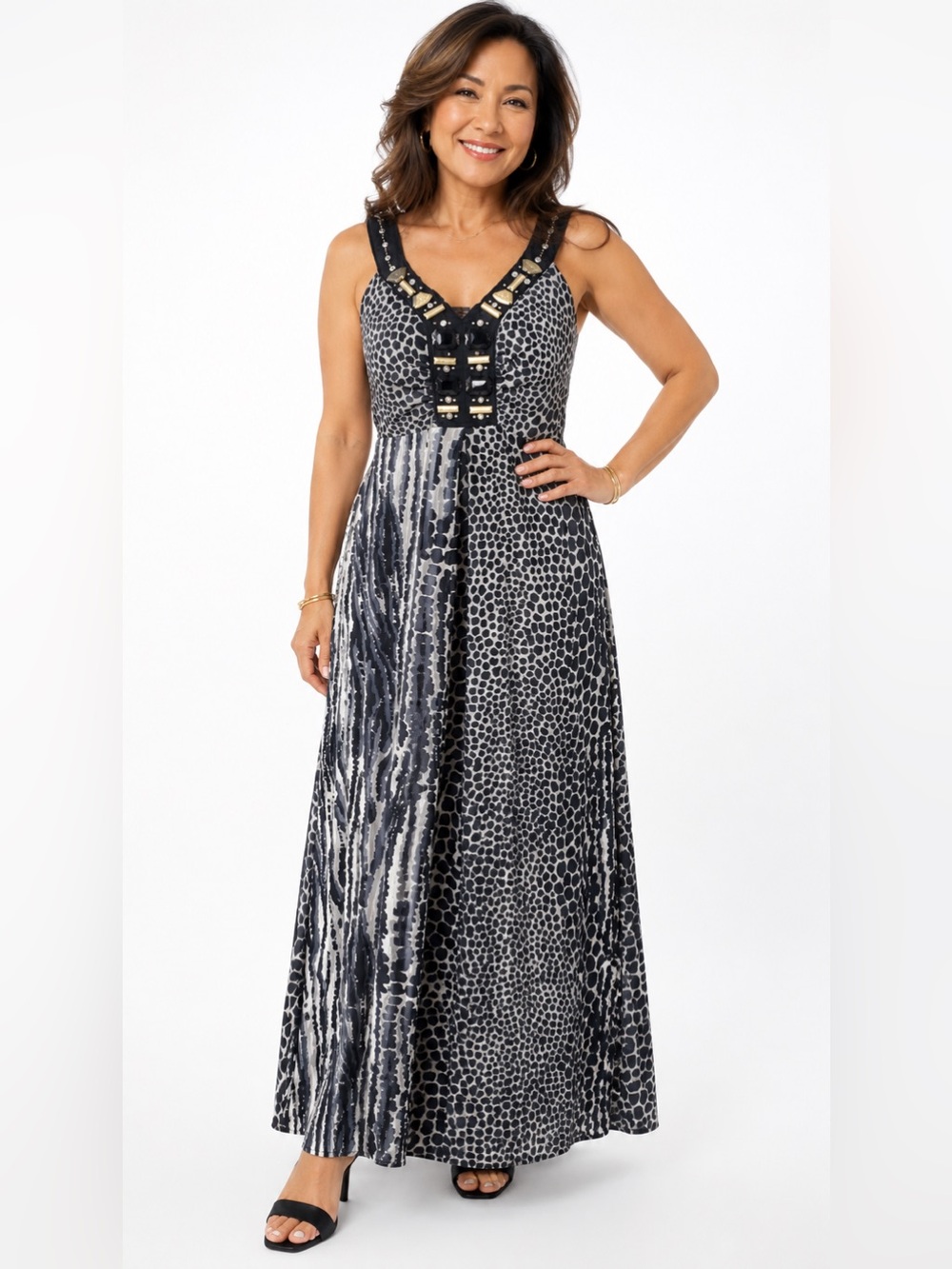 Cato Embellished Animal Print Maxi Dress Size Large Boho Glam
